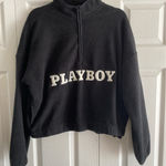 PacSun Playboy Womens Medium Black Spell Out Fleece Crop Hoodie 1/4 Zip Photo 0