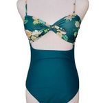 Tropical Floral Cut Out Tummy Teal Moderate Coverage 1pc Swimsuit SMALL Vacation Green Photo 0
