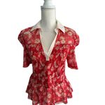 Maeve Red Floral Collared Smocked Blouse Size Medium Photo 6