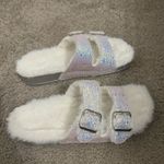 Glitter Faux Fur White Open Toe Slides Size 7 Photo 2