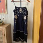 Anthropologie  Allaire Embroidered Slip Dress Sequin Floral Navy Blue Gold Size S Photo 6