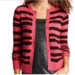 Loft Ann Taylor Womens Sweater Sz XS Striped Crewneck Cardigan Pink Chocolate Photo 2