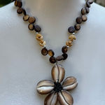 Cowrie Shell Flower Pendant Necklace Pendant Handcrafted Boho Beachy Glossy Brown Photo 0