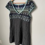 Free People  Wool Knit Fair Isle Sweater Dress Teal Blue Charcoal Gray Size Large Photo 2