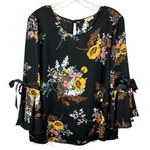Lily White Black Multicolored Floral Bell Sleeve Bow Tie Detail Chiffon Blouse L Photo 0