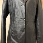 Leather Jacket Black Leather Collared Buttons Pockets Lined Size 10 VTG VG Clio Photo 2