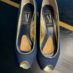 A J Valenci Peep Toe Denim Wedge Pumps Blue Gold Trim Size 9W – EUC Photo 6