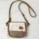 Myra Bags Cowgirl Western Mini Crossbody Saddle Genuine Leather Cowhide Hair Bag Tan Photo 0