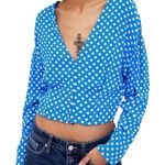 ZARA  Trafaluc Blue White Polka Dot Crop Top Long Sleeve Blouse size L NEW Tags Photo 0