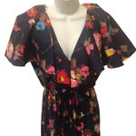 VTG 80’s Deep V Navy Floral Maxi Dress 12/14 Flowy Sleeve Collar Elastic Waist Multiple Photo 2