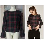 BeachLunchLounge Black Red Gray Plaid Ruffle Flannel Long Sleeve Top XL Photo 1