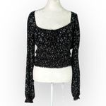 Free People  Lolita Top Womens Large Black Floral Long Sleeve Smocked Square Neck Photo 2