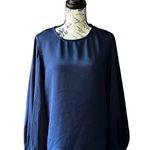 AQUA Womens Satin Bishop Sleeves long sleeve navy keyhole back Blouse S Photo 2