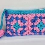 New Handcrafted Crochet Clutch Blue Pink Teal Case Granny Heart Crochet Charm Photo 3
