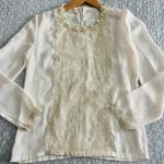 Vintage Gold Ivory Lace Beaded High Neck Embellished Blouse Size L Size L Photo 2