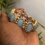 Gold tone Faux Turquoise Gemstone Blue Beaded Stretch Bracelet Bangle. Great for Layering #Boho #western #indie #hippie #cottagecore Photo 2