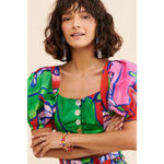 Farm Rio  Tropical Bunch Puff Sleeve Crop Top Women’s Size XS Button Up Vacay Photo 2
