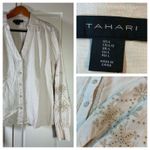 Tahari  Linen Blend Shirt Blouse Womens‎ Large Neutral Embroidered Church Office Photo 1