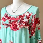 Aqua Green  Floral Crochet Lace Bell Sleeve Tunic Top Sz L Photo 3