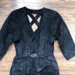 vintage • 1980s black suede leather dress sheath plunge neck criss cross open Photo 10