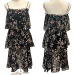 None VTG 60-70s Black Chiffon Tiered Midi Dress Pink Floral Coquette Fairy Cottage XS Photo 0