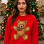 Vintage Teddy Bear Sweatshirt Holiday Christmas Cute Festive Cozycore Nostalgic Red Photo 0