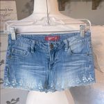 Forever 21 Low Rise Blue Denim Shorts with White Embroidery Photo 1