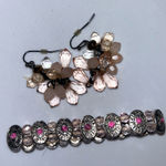 Beaded Flower Earrings Bracelet Set Pink Rhinestone Stretch Boho Jewelry Photo 0