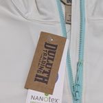 Duluth Trading Co Pier Genius Shirt Jacket White Teal Hooded Womens Large Coat Photo 2