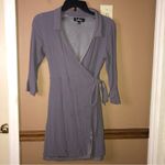 Lulus Cardwell Flounce Sleeve 3/4 Sleeve Wrap Dress Grey Medium Photo 2