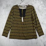 Susan Graver  Blouse M Geometric‎ Tie Neck Long Sleeve Black Yellow Top Photo 1