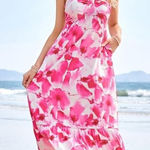 Grace Karin  Criss Cross Halterneck Flowly A Line Maxi Dress‎ in Pink Watercolour Photo 0