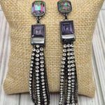 DKNY Gun Metal Crystal Chain Tassel Dangle Earrings Purple Iridescent 3.5" Prom Photo 0