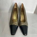 Salvatore Ferragamo Vintage 90s Ferragamo Cap Toe Black Gold Heels Leather Pumps Size 10B Photo 2