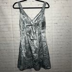 Cider  Sky Blue Satin Floral Brocade Mini Dress V Neck Bow Back Wedding Guest M Photo 4