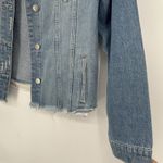 Zenana Outfitters Denim Jakcket Distressed Medium Wash Button Front Ripped Raw Hem Size L Photo 2