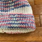 pink purple blue white striped hand knit ribbed beanie hat Photo 2