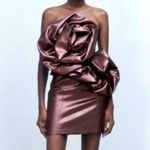 ZARA Voluminous Flower Rosette Bronze Metallic Strapless Mini Dress Size Small Photo 12