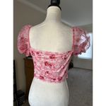 SheIn Floral Print Knot Front Pink Crop Blouse Puffy Sleeve Size L Sheer Sleeve Photo 6