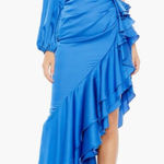 Mac Duggal Pleated Cascade Detail One-Shoulder Satin A-Line Gown Size 6 Cobalt Photo 0