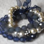 Stylish 3Pc Blue Beads/White Faux Pearl Rhinestone Accent 6" Stretch Bracelets Photo 0