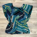 I.N. San Francisco Blue Black Yellow White Striped Sheer Short Sleeve Blouse XL Photo 3