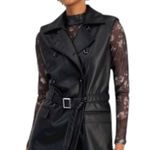 Bar III bar‎ III Vest Women XS Black Faux Leather Belted Trench Vest Gothic Outdoor Punk Photo 0