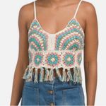 Band of Gypsies Cream and Turquoise Crochet Crop Camisole with Knotted Fringe XS Photo 0