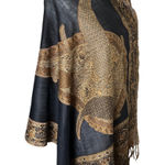 Black Gold Serpent Paisley Shawl Wrap Wool Blend Sheer Panel Fringe Boho Indie Photo 0