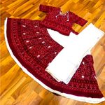 Maroon and off white three piece lengha dress sari choli indian Pakistani Diwali Red Size M Photo 0