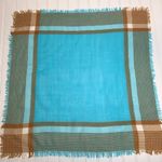Aqua Tan Camel Plaid Square Scarf Fringe 26" Blue Photo 4