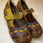 Socofy Leather 7 Mary Jane Shoe Flower Embossed Blue Yellow Green Platform Brown Photo 0