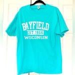 Fruit of the Loom Bayfield Wisconsin EST 1856 Blue Short Sleeve Cotton Shirt Top Size Large Photo 1