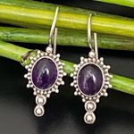Vintage Handcrafted SU 925 Sterling Silver Amethyst Oval Cabochon Drop Earrings Purple Photo 0